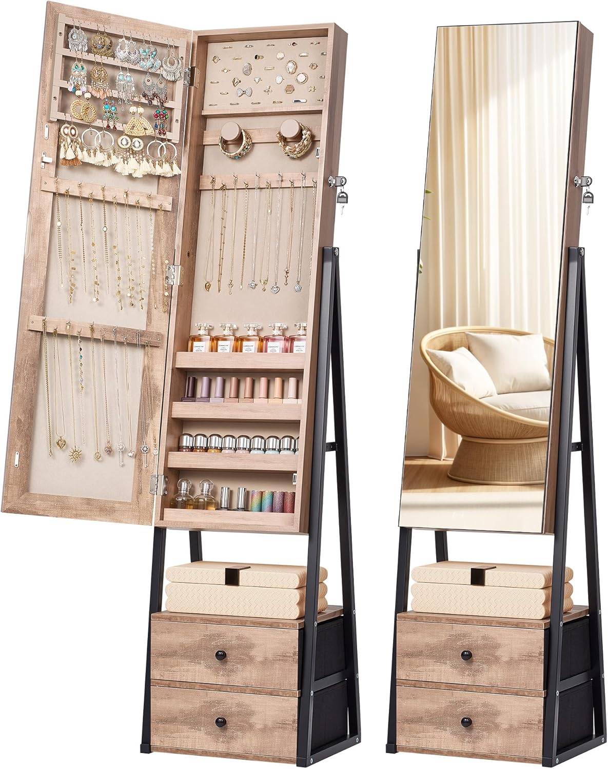 Nicetree Jewelry Cabinet Armoire with 2 Drawers, Lockable Standing Jewelry Mirror Cabinet, Full Length Mirror with Jewelry Storage, Rustic Brown