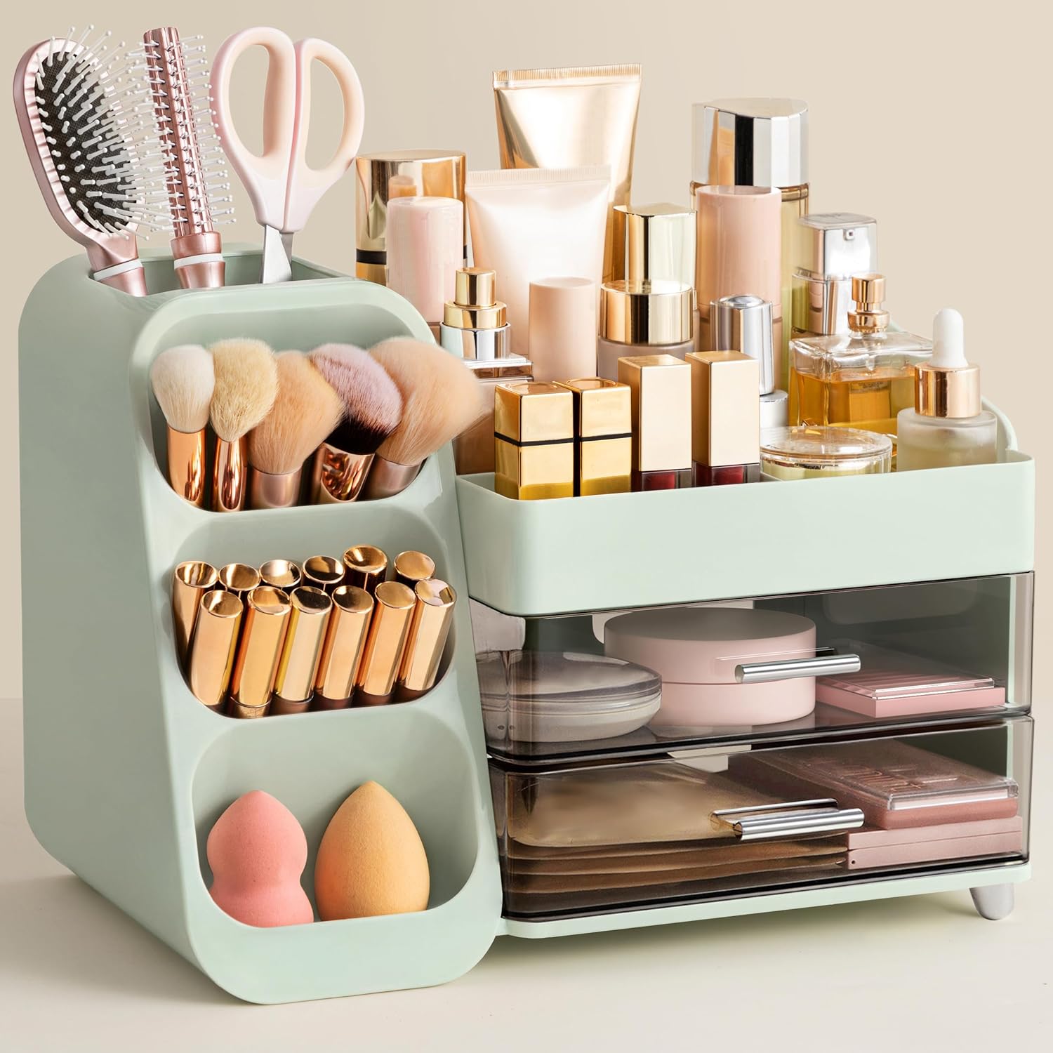 HBlife Makeup Organizer with Brush Holder for Vanity, Large Plastic Bathroom Countertop Organizer Skin Care Storage, Easy to Store Lipsticks, Nail Polishes, Perfumes, Eyeshadow Palettes, All White