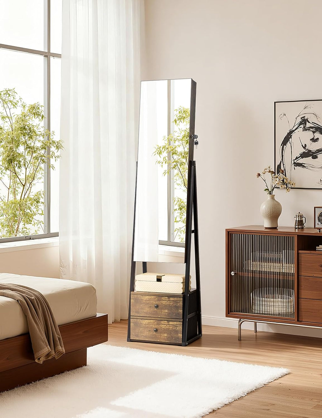 Nicetree Jewelry Cabinet Armoire with 2 Drawers, Lockable Standing Jewelry Mirror Cabinet, Full Length Mirror with Jewelry Storage, Rustic Brown