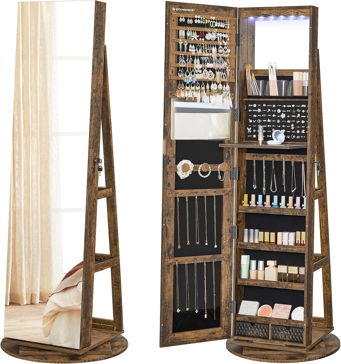 SONGMICS 6 LEDs Lockable Mirror Jewelry Cabinet, 360° Swivel Jewelry Organizer Armoire Standing, Frameless Full-Length Mirror, 3 Storage Shelves, Black Surface, Black Lining UJJC007B01