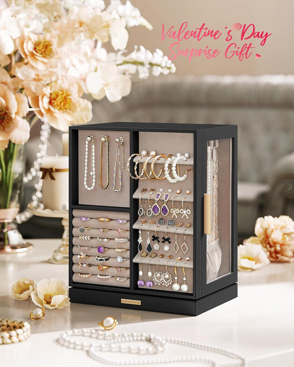 SONGMICS Jewelry Box 360°Rotating, Jewelry Storage Case with 5 Drawers, Jewelry Organizer, Glass Window, Spacious, Vertical Jewelry Storage, Open Design, Great Gift, Graphite Black UJBC170B01
