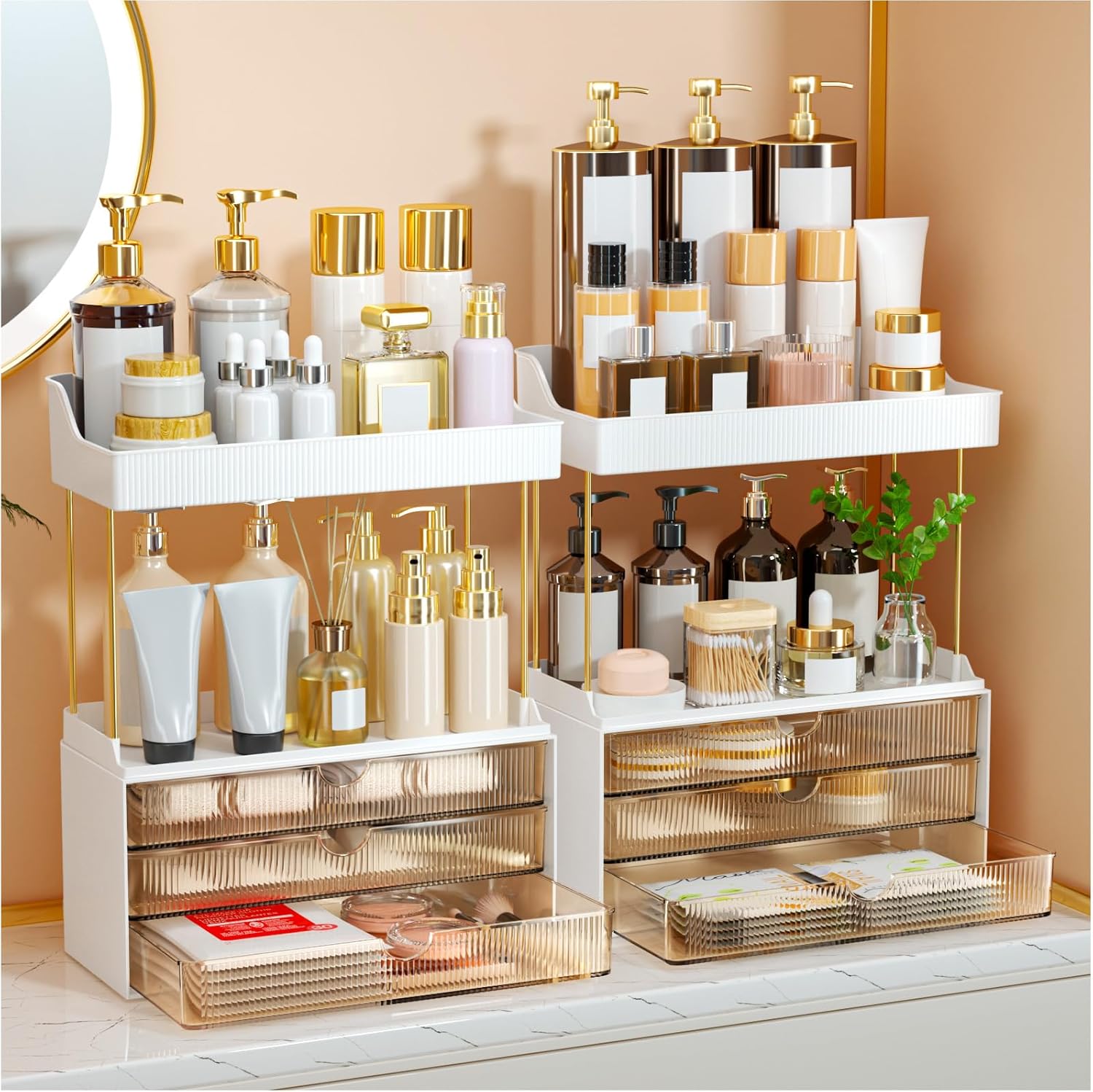 3 Large Drawers Makeup Organizer - 5 Tier Bathroom Counter Organizers and Storage, Versatile Perfume Vanity Organizer, Ideal for Cosmetic, Large Skincare, Face Mask, Office Supplies, Amber