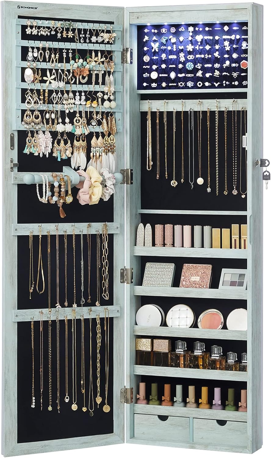 SONGMICS 6 LEDs Mirror Jewelry Cabinet, 47.2-Inch Tall Lockable Wall or Door Mounted Jewelry Armoire Organizer with Mirror, 2 Drawers, 3.9 x 14.6 x 47.2 Inches, White UJJC93W