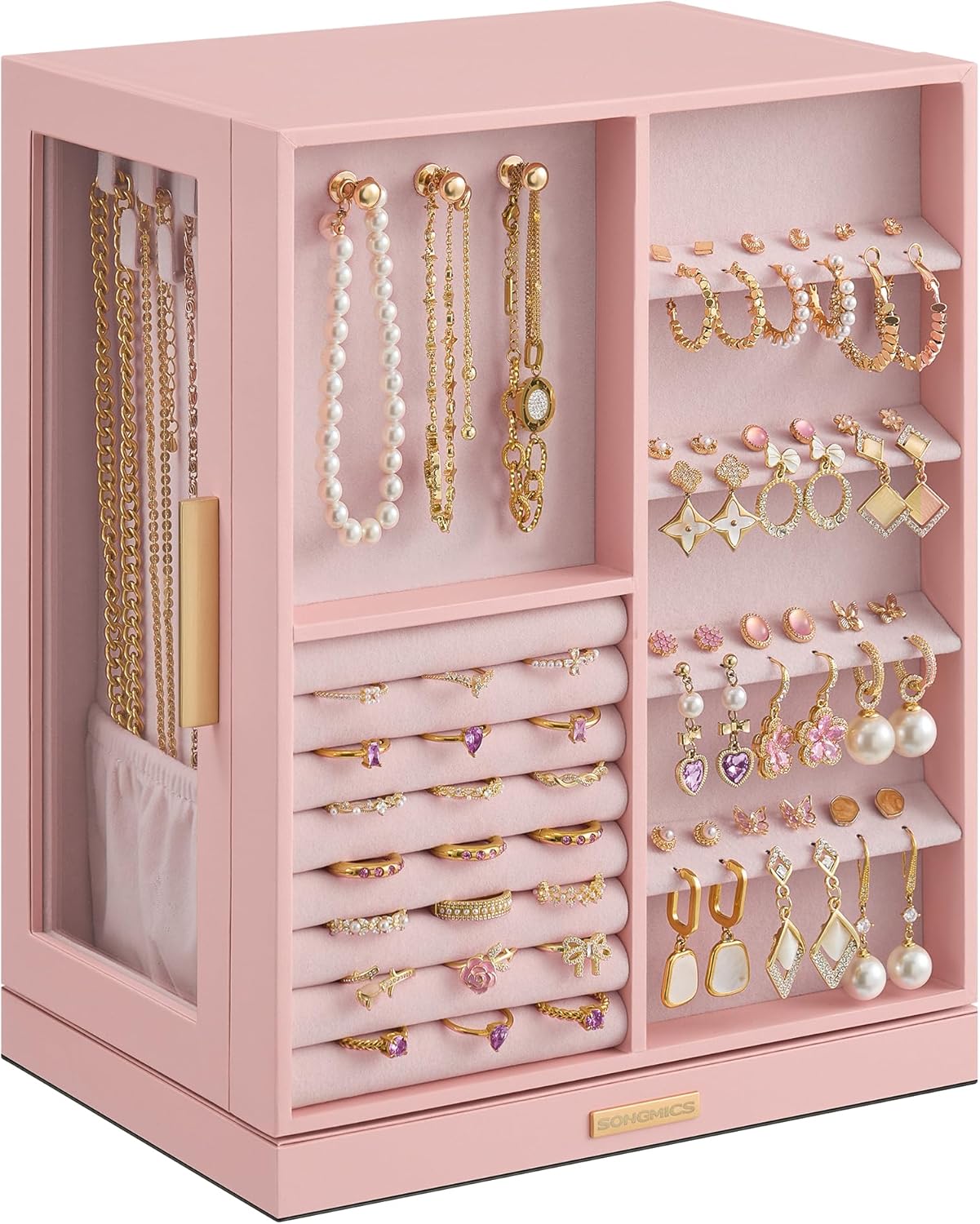 SONGMICS Jewelry Box 360°Rotating, Jewelry Storage Case with 5 Drawers, Jewelry Organizer, Glass Window, Spacious, Vertical Jewelry Storage, Open Design, Great Gift, Graphite Black UJBC170B01