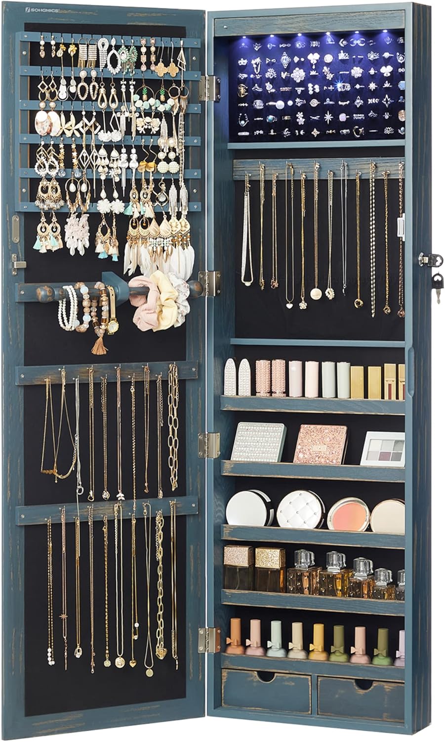 SONGMICS 6 LEDs Mirror Jewelry Cabinet, 47.2-Inch Tall Lockable Wall or Door Mounted Jewelry Armoire Organizer with Mirror, 2 Drawers, 3.9 x 14.6 x 47.2 Inches, White UJJC93W