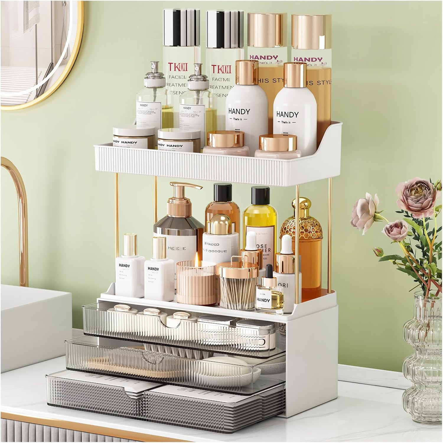 3 Large Drawers Makeup Organizer - 5 Tier Bathroom Counter Organizers and Storage, Versatile Perfume Vanity Organizer, Ideal for Cosmetic, Large Skincare, Face Mask, Office Supplies, Amber