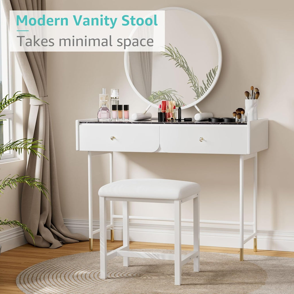 Small Vanity Stool, Cute Vanity Stools with Cushion, White Makeup Vanity Chair for Small Spaces, Living Room, Bedroom, Bathroom, Entryway, Ottoman Foot Rest for Couch Sillas Modern