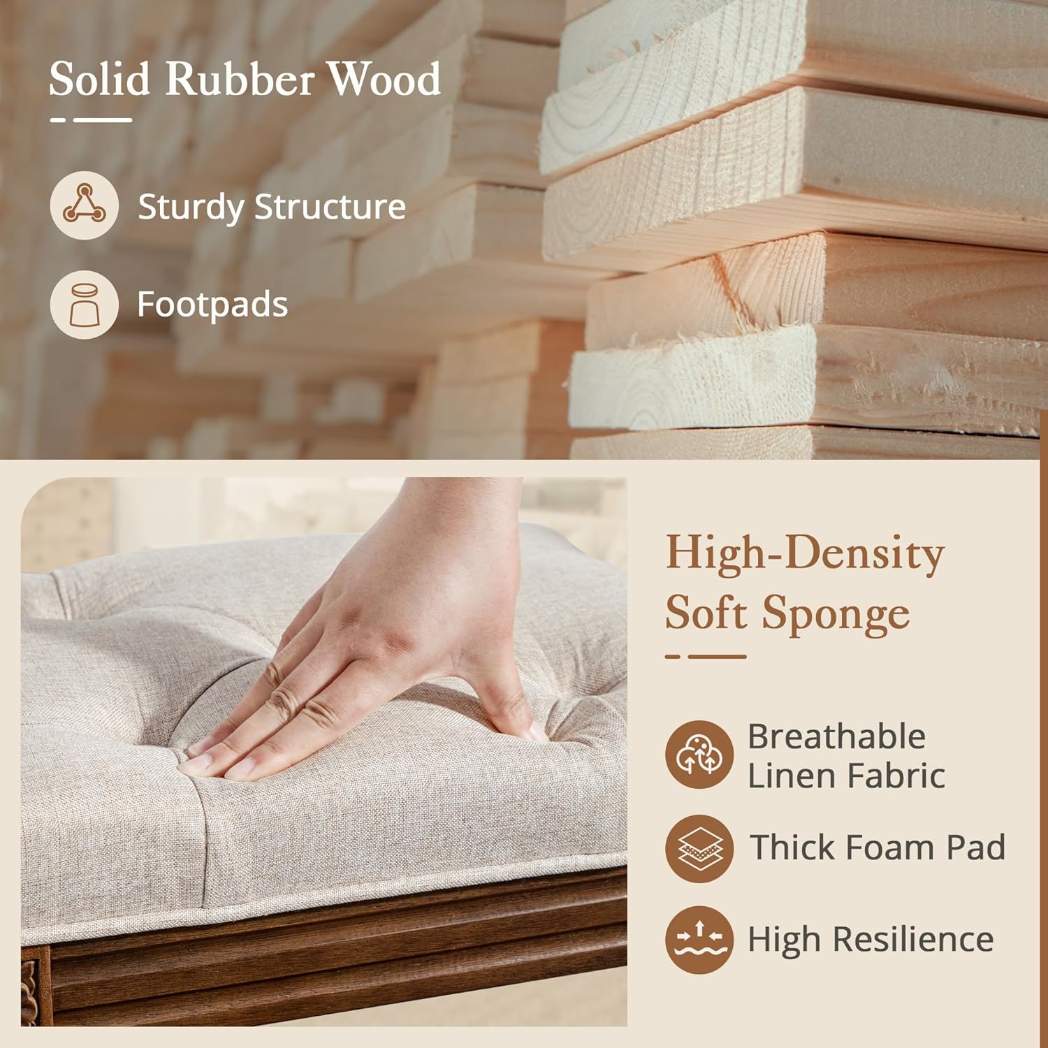 LUE BONA Upholstered Fabric Vanity Bench Seat, Makeup Stools for Vanity, Square Tufted Ottoman Bench with Carved Dark Brown Legs for Bedroom Living Room, Linen Color