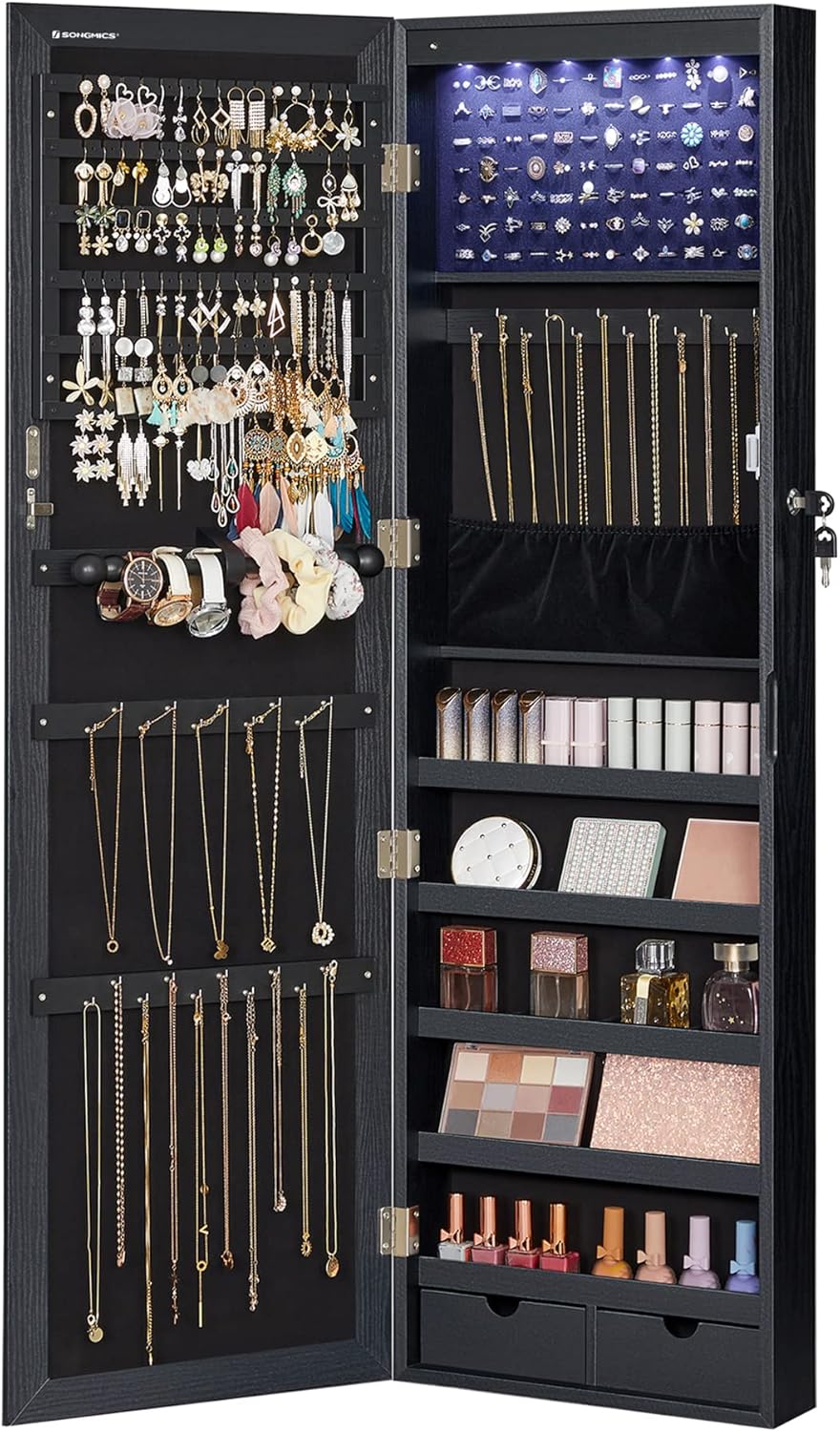 SONGMICS 6 LEDs Mirror Jewelry Cabinet, 47.2-Inch Tall Lockable Wall or Door Mounted Jewelry Armoire Organizer with Mirror, 2 Drawers, 3.9 x 14.6 x 47.2 Inches, White UJJC93W