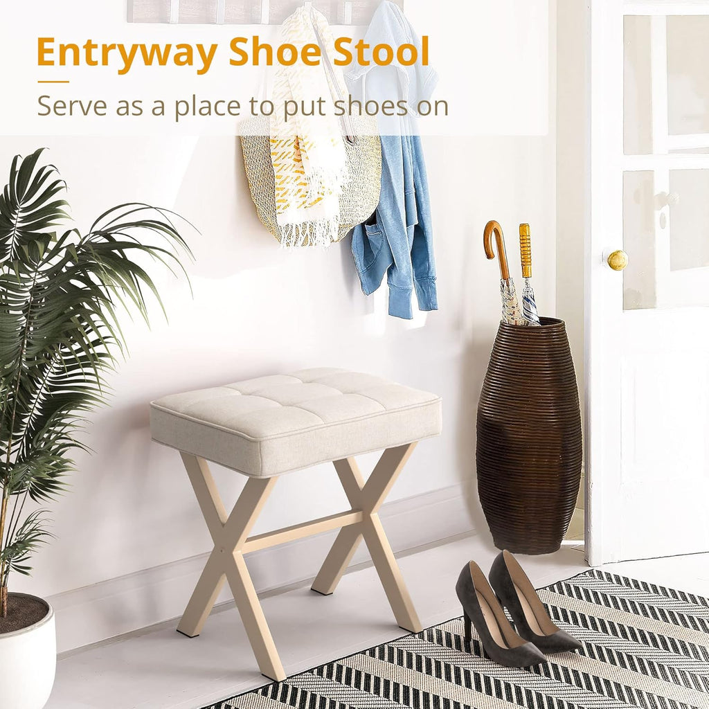 LUE BONA Square Linen Makeup Stool, Metal X Legs, Small Ottoman Stool Chair for Vanity, Modern Padded Seat Foot Rest for Makeup Room, Bathroom