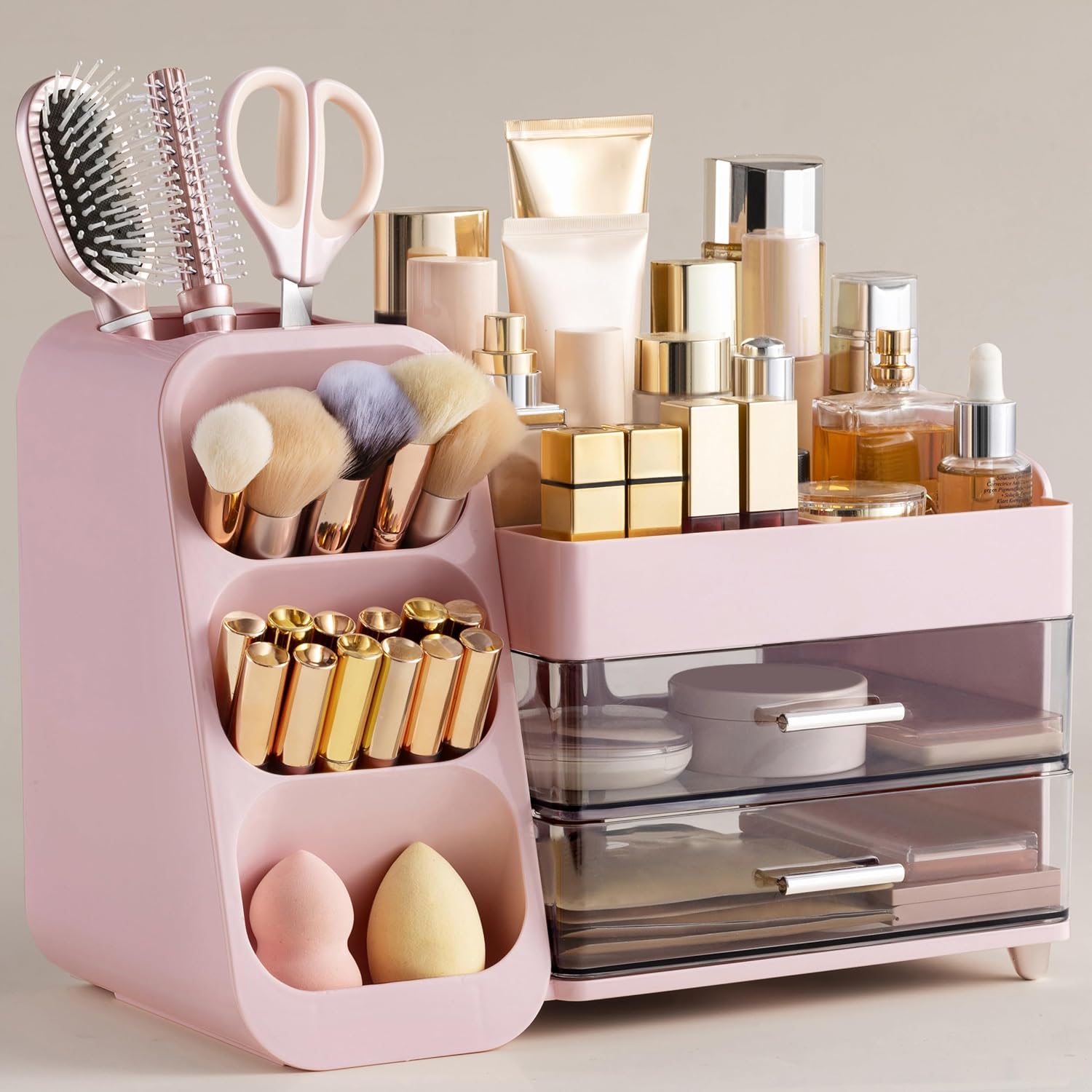 HBlife Makeup Organizer with Brush Holder for Vanity, Large Plastic Bathroom Countertop Organizer Skin Care Storage, Easy to Store Lipsticks, Nail Polishes, Perfumes, Eyeshadow Palettes, All White