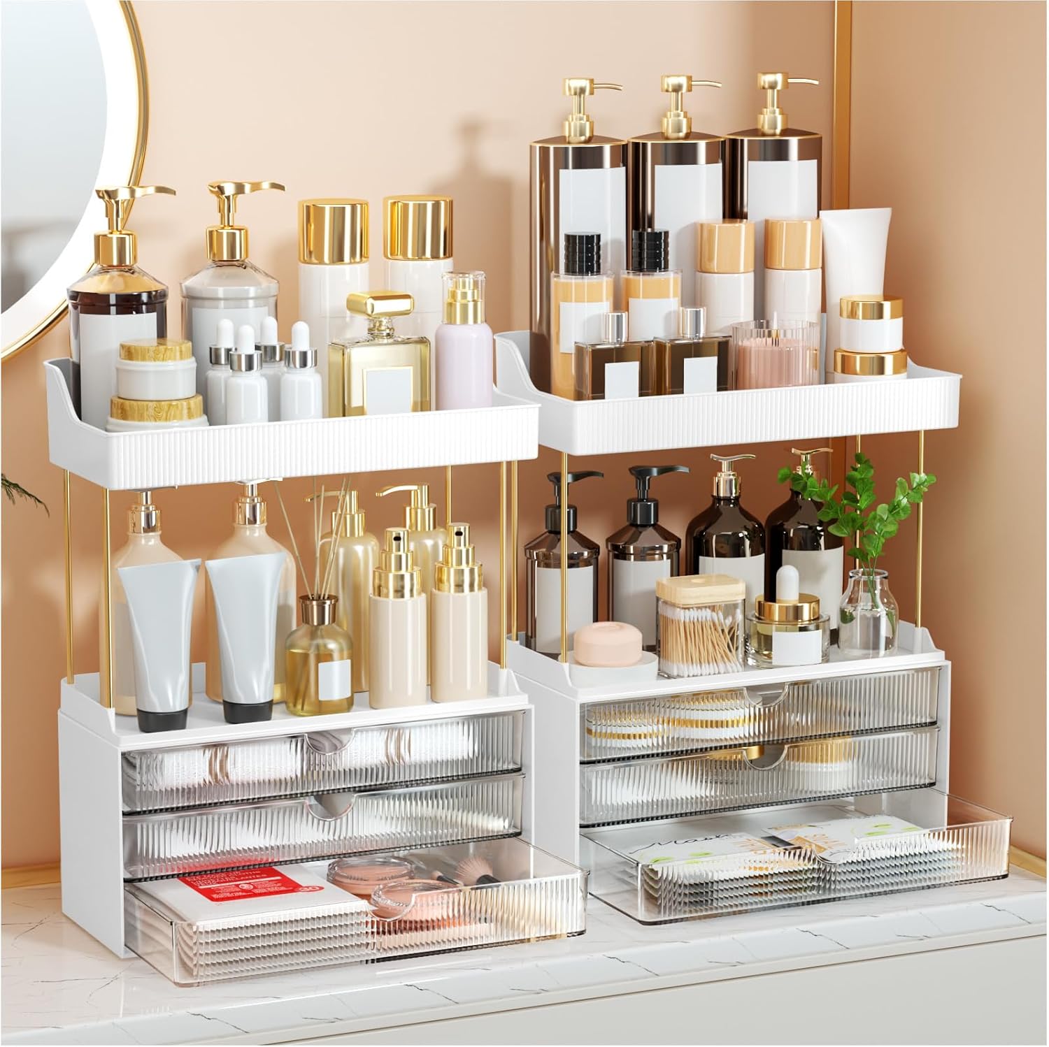 3 Large Drawers Makeup Organizer - 5 Tier Bathroom Counter Organizers and Storage, Versatile Perfume Vanity Organizer, Ideal for Cosmetic, Large Skincare, Face Mask, Office Supplies, Amber