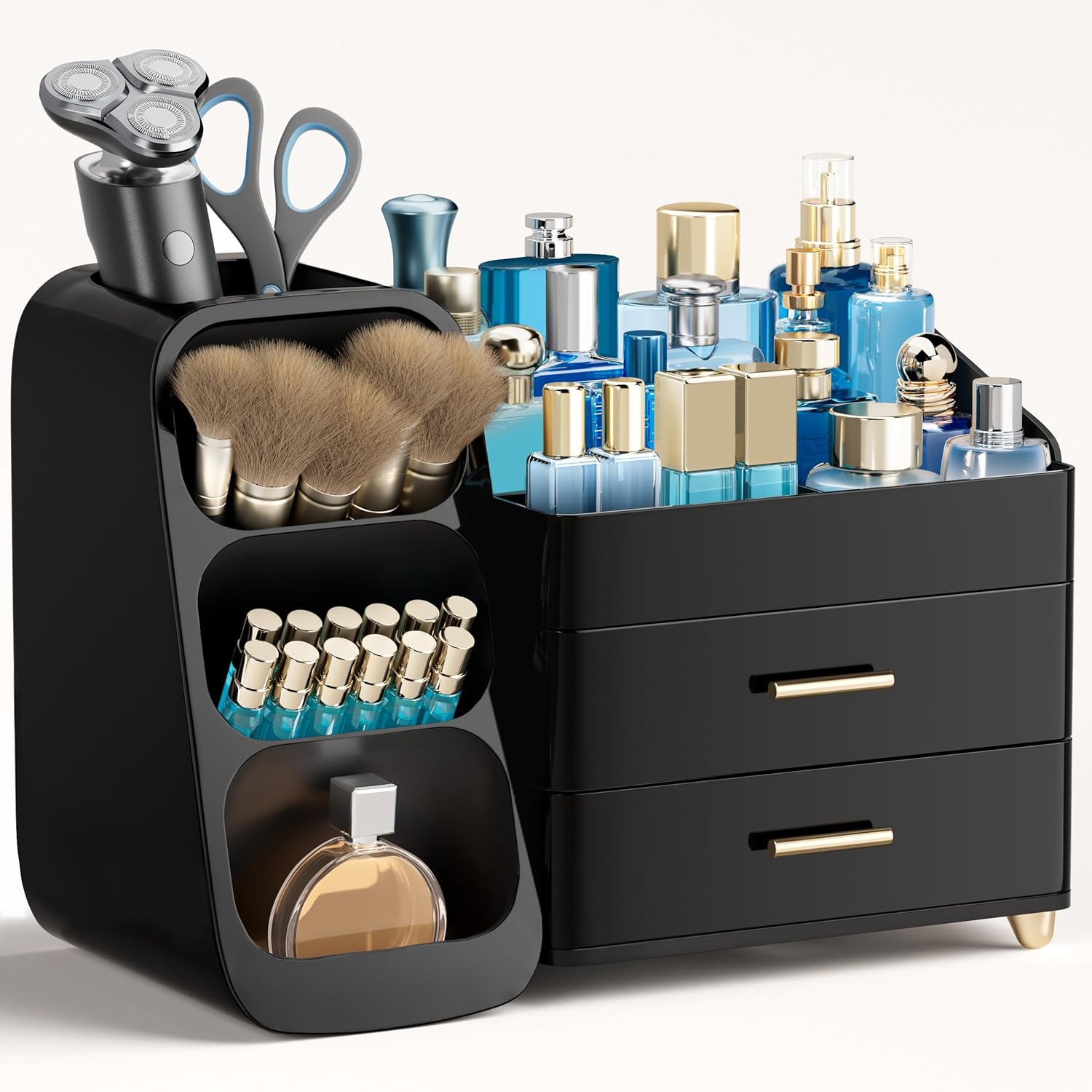 HBlife Makeup Organizer with Brush Holder for Vanity, Large Plastic Bathroom Countertop Organizer Skin Care Storage, Easy to Store Lipsticks, Nail Polishes, Perfumes, Eyeshadow Palettes, All White