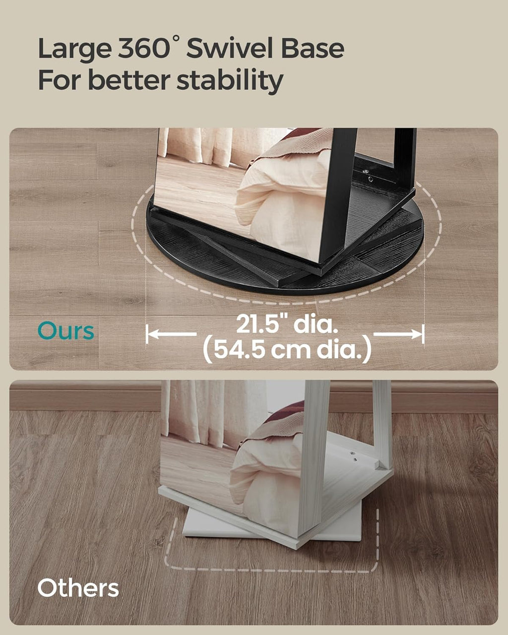 SONGMICS 6 LEDs Lockable Mirror Jewelry Cabinet, 360° Swivel Jewelry Organizer Armoire Standing, Frameless Full-Length Mirror, 3 Storage Shelves, Black Surface, Black Lining UJJC007B01