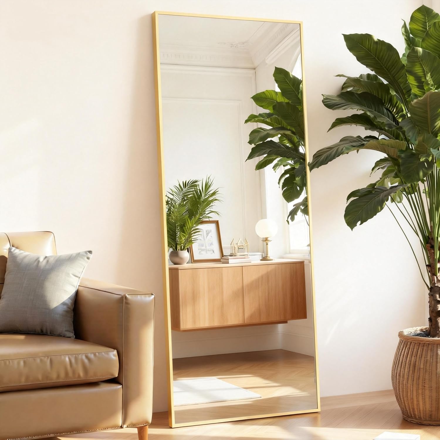 Mirror Full Length, Upgraded Body Wall Mirrors with Shatter-Proof Glass, Floor Standing, Hanging or Leaning, Tall Mirror with Stand Aluminum Alloy Frame for Bedroom