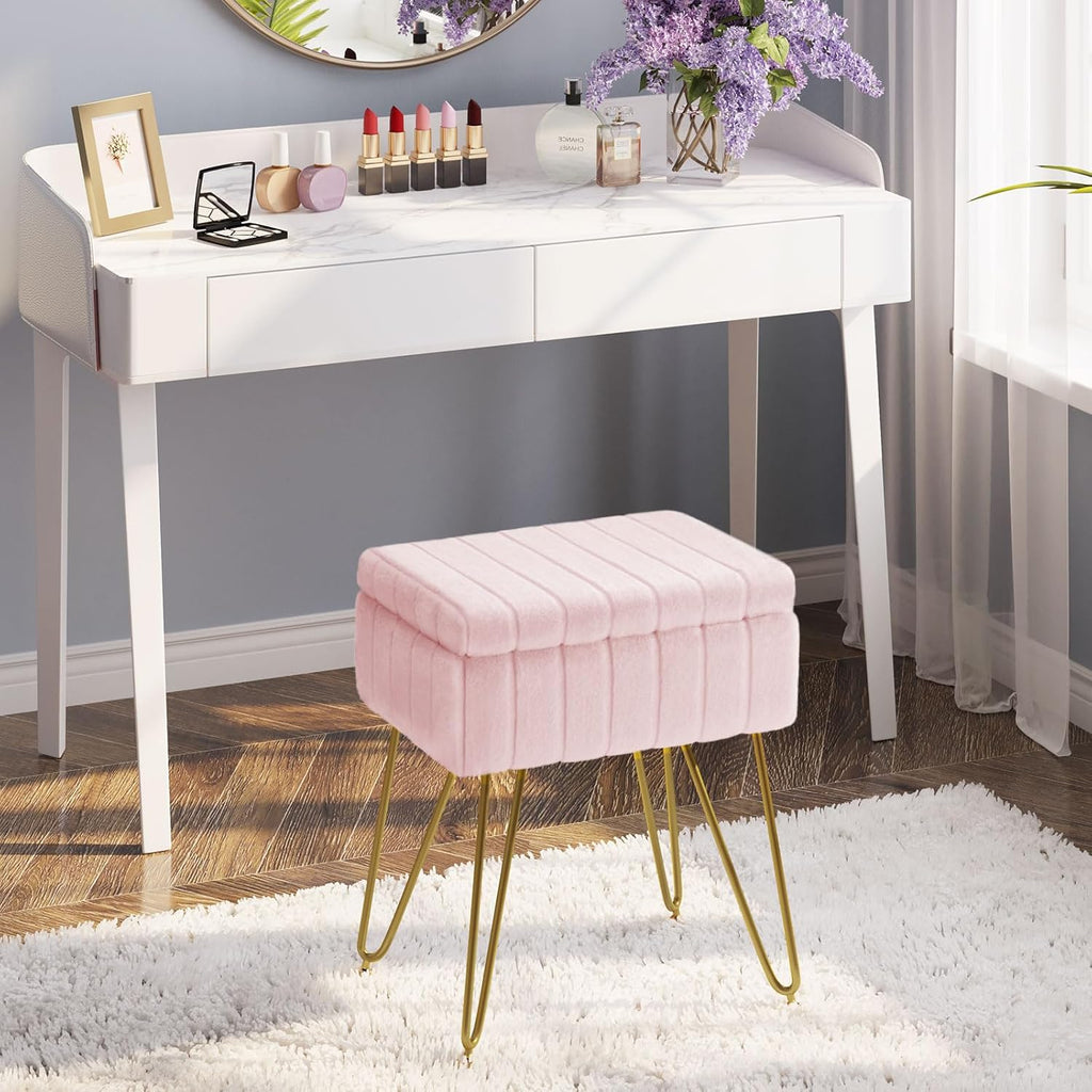 Greenstell Vanity Stool Chair Faux Fur with Storage, 15.7"L x 11.8"W x 19.4"H Soft Ottoman 4 Metal Legs with Anti-Slip Feet, Furry Padded Seat, Modern Multifunctional Chairs for Makeup, Bedroom Pink