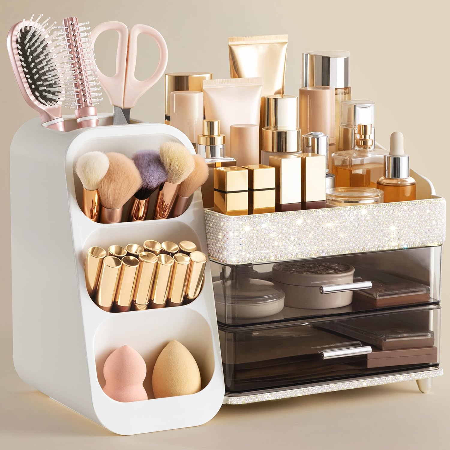 HBlife Makeup Organizer with Brush Holder for Vanity, Large Plastic Bathroom Countertop Organizer Skin Care Storage, Easy to Store Lipsticks, Nail Polishes, Perfumes, Eyeshadow Palettes, All White