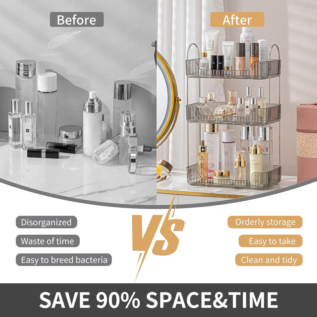 3 Tier Bathroom Organizer Countertop Makeup Perfume Tray Skincare Organizer for Bathroom Dresser Vanity (Grey)